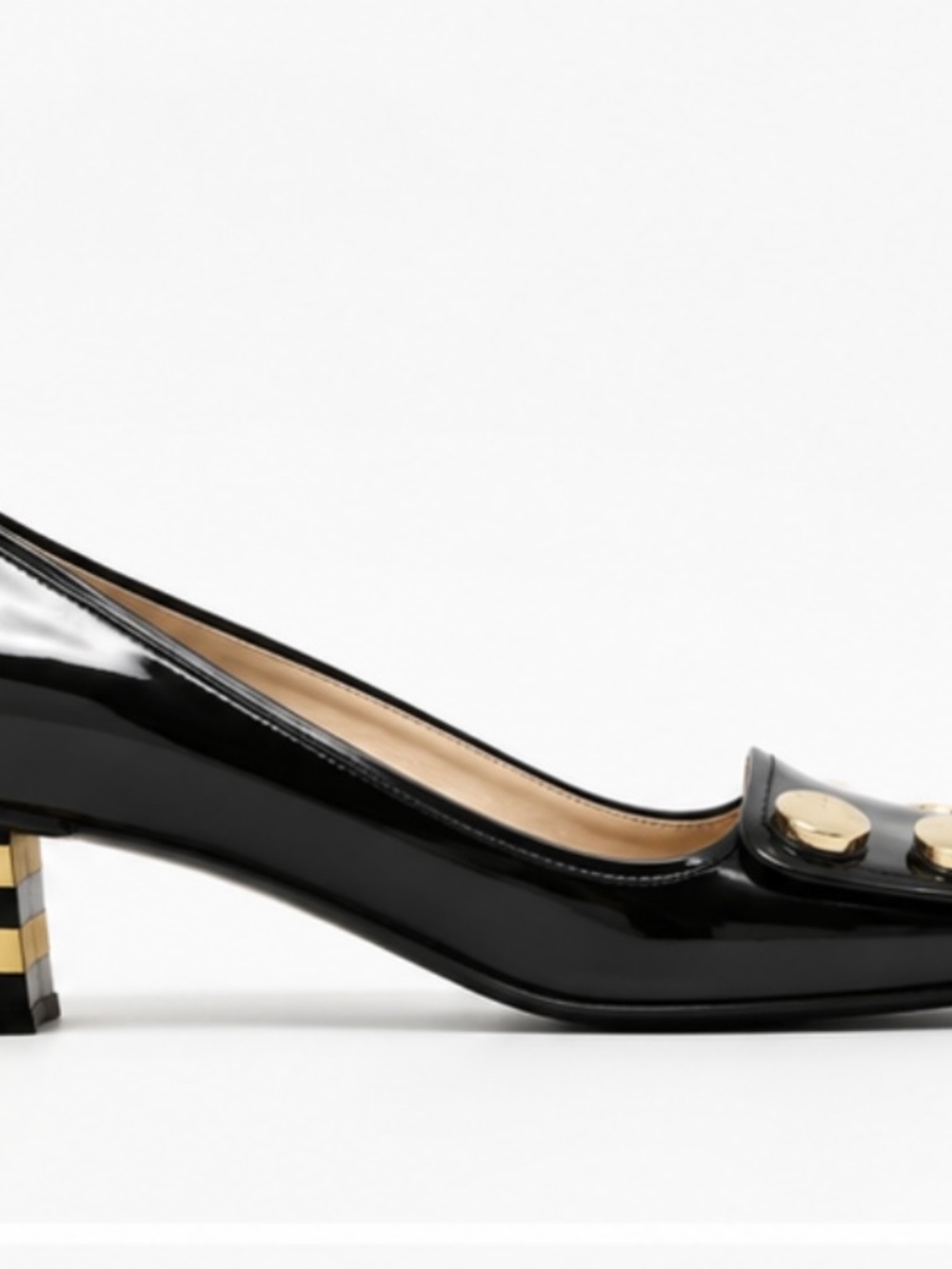 Marc Jacobs Black Patent Leather Pumps 7.5 US Square Toe Gold Chunky Block Heel - Picture 3 of 7